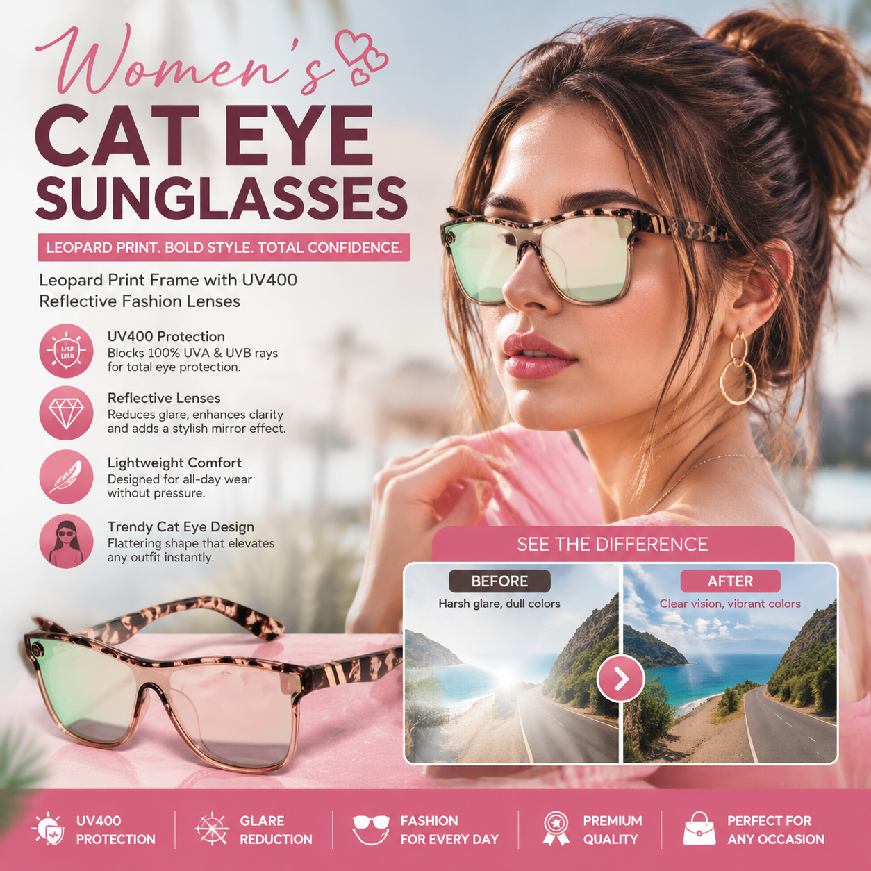 Women's Cat Eye Sunglasses Leopard Print Frame with UV400